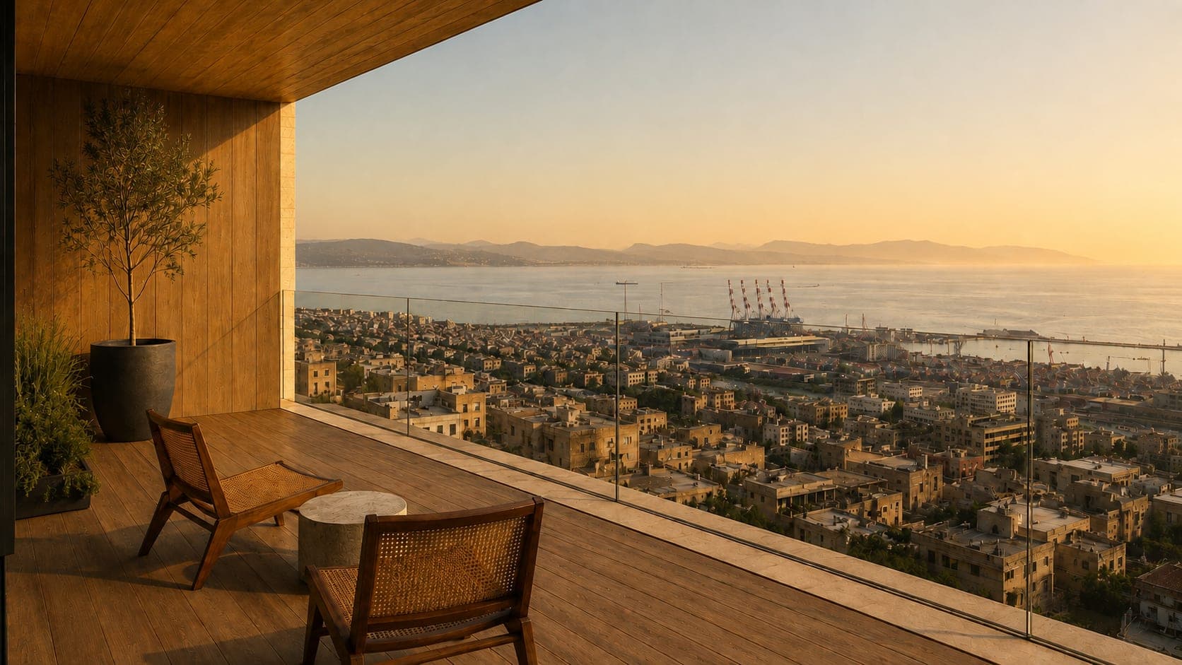The same balcony at golden hour