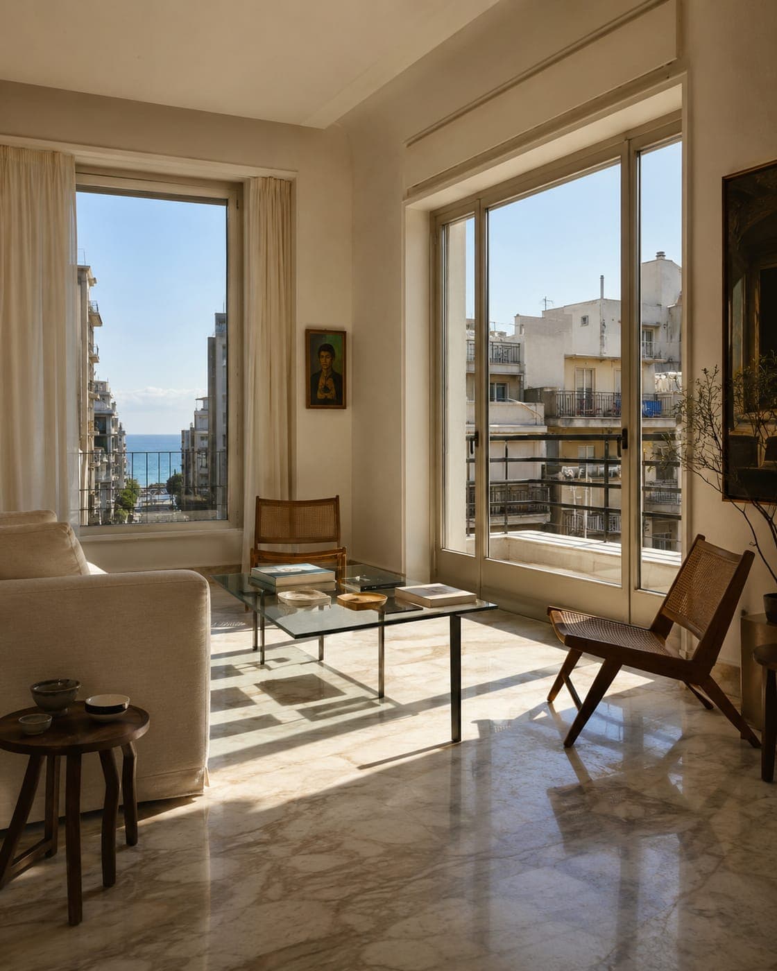 A renovated apartment with tall windows and a marble floor