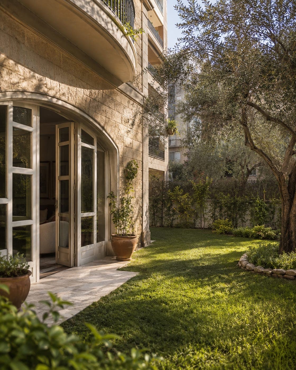 A garden apartment with doors open onto a lawn