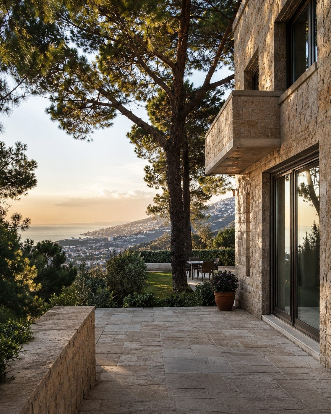 A stone villa under pine trees with a terrace