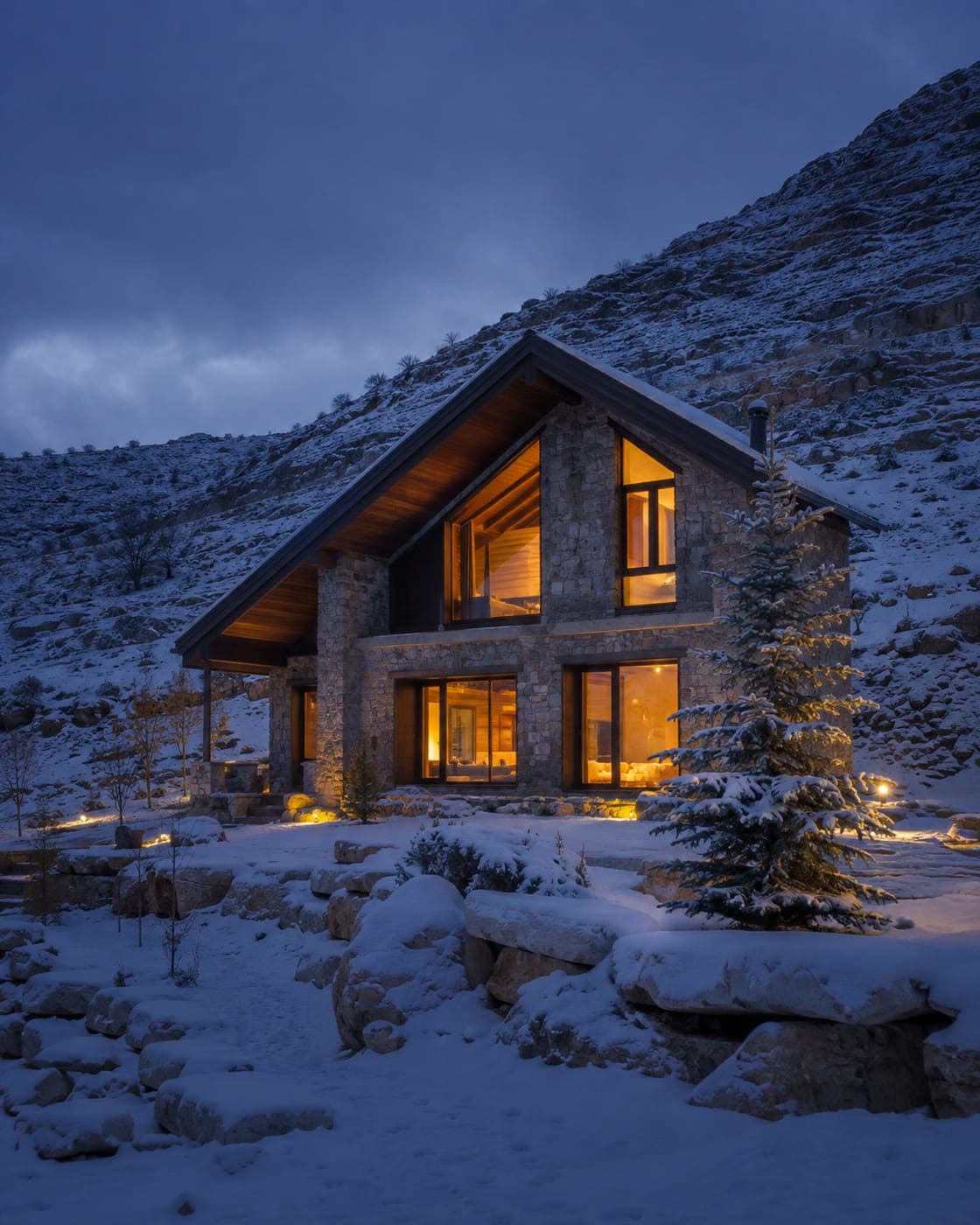 A stone and timber chalet in snow at blue hour