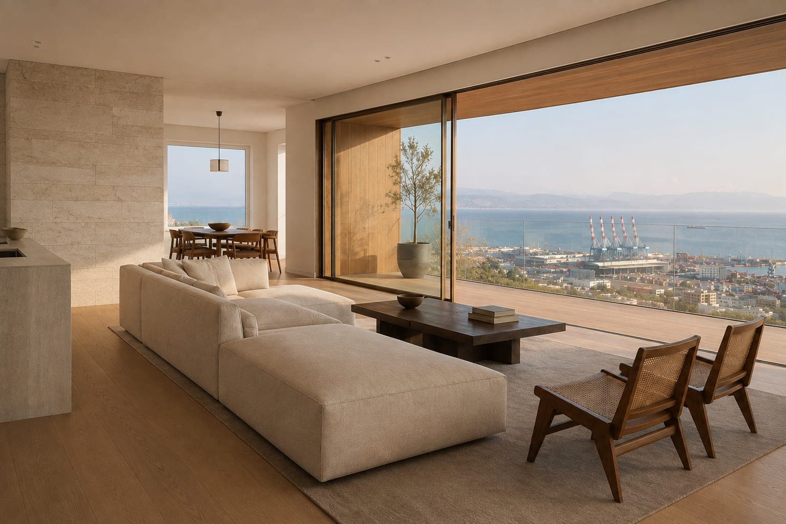 A sea-side living room with floor-to-ceiling glass onto a deep balcony
