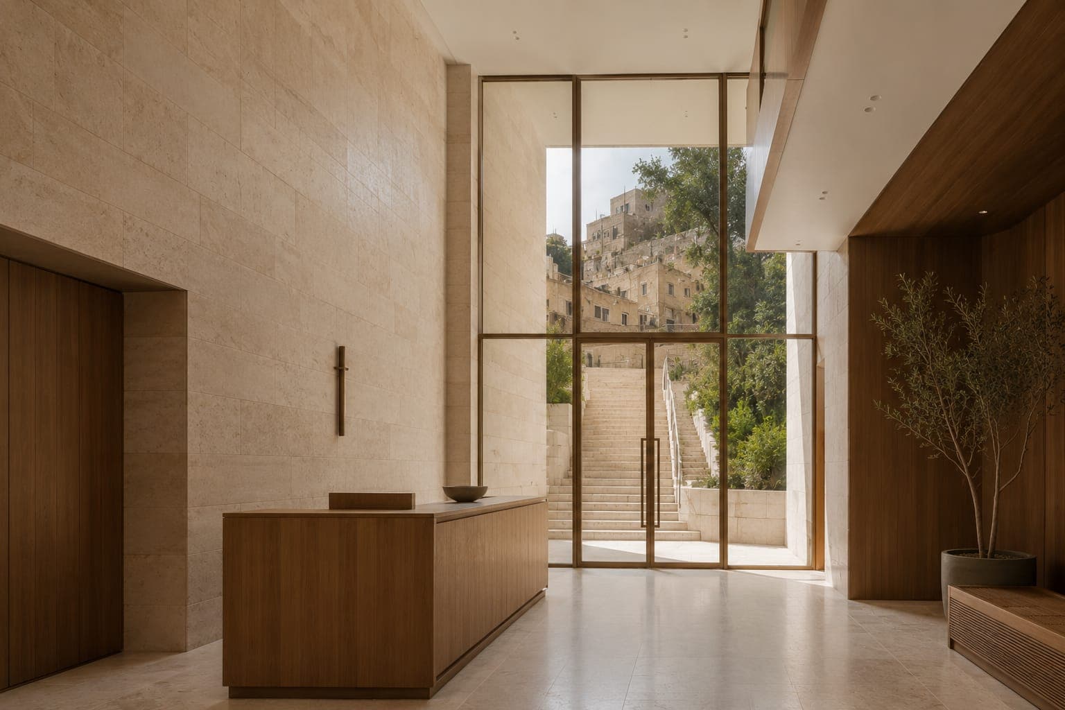 The lobby: a double-height travertine wall and an oak desk