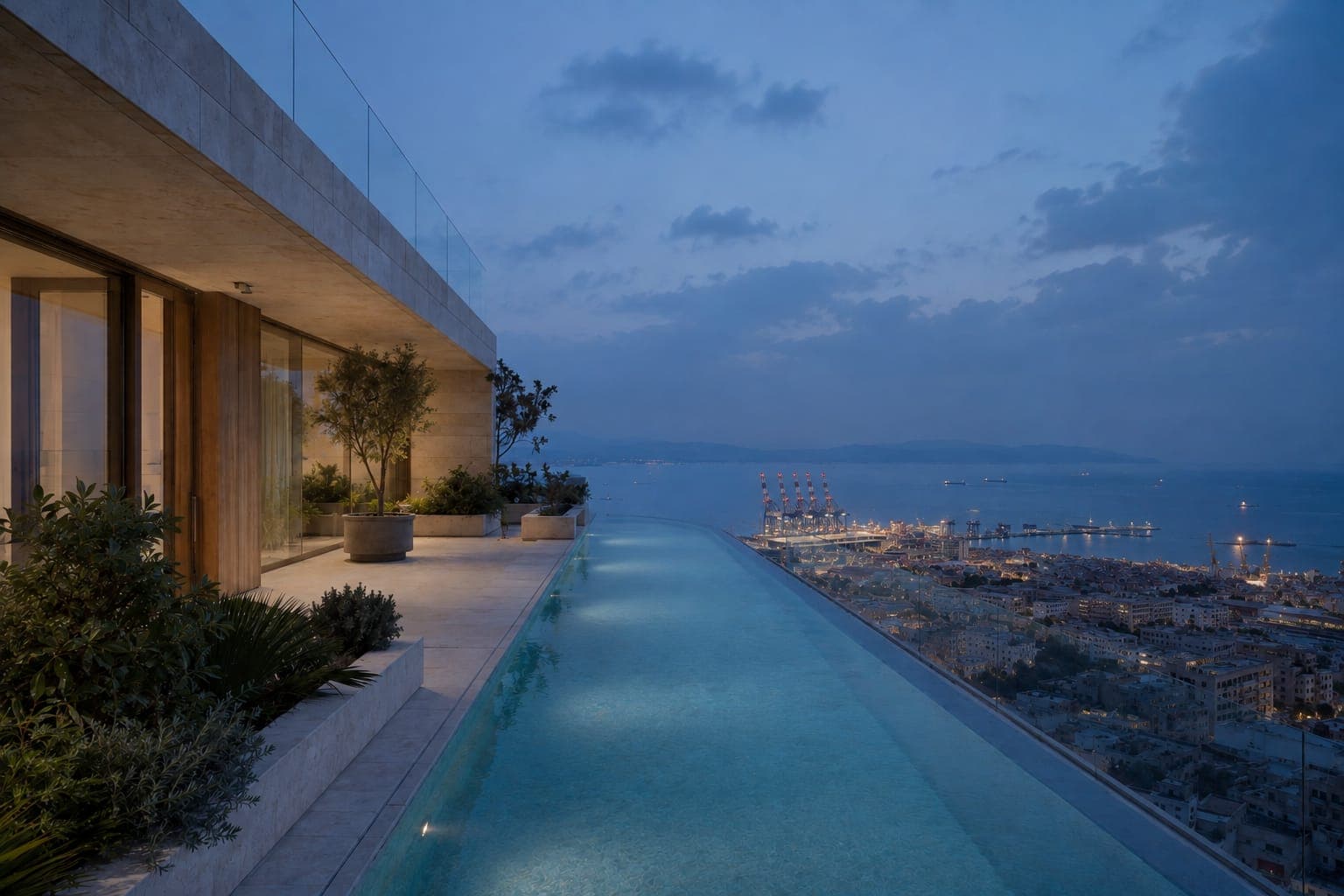 The rooftop pool at dusk with a glass edge