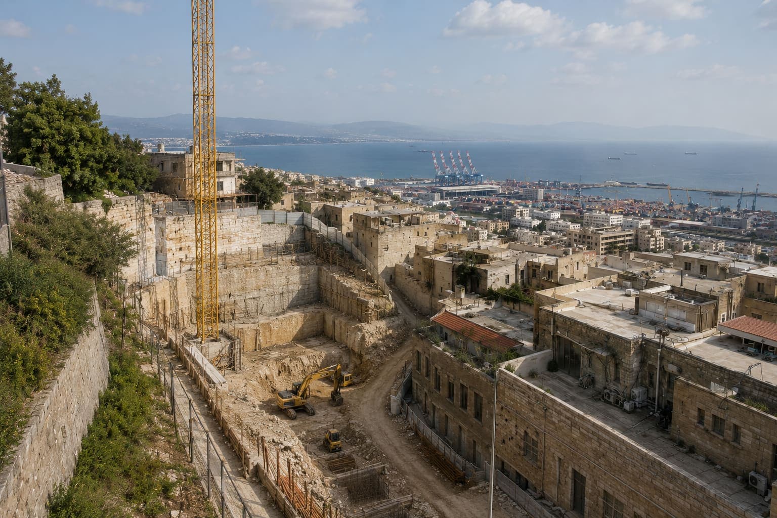 A stepped hillside excavation with a tower crane