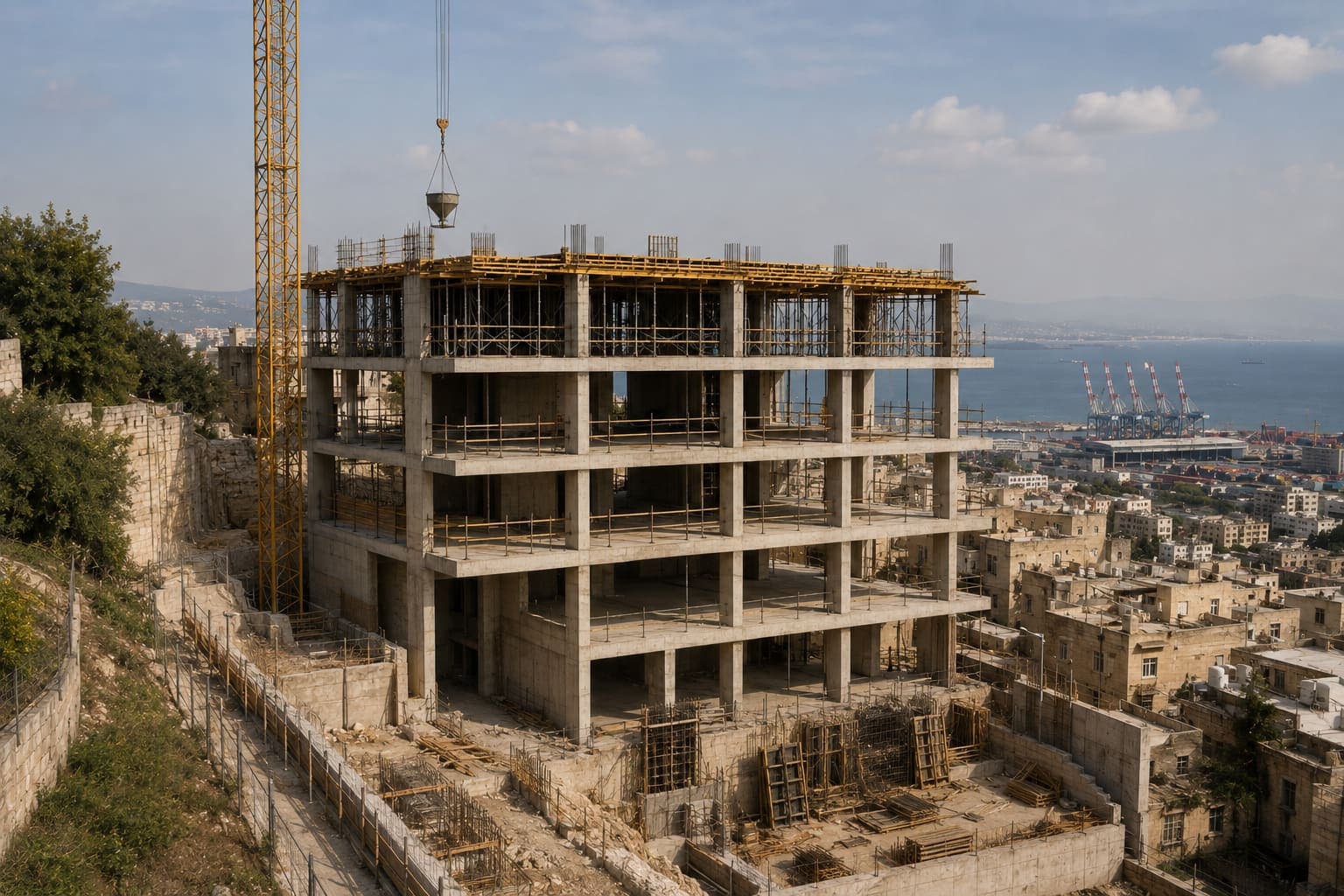The concrete structure at five floors with formwork on the top slab