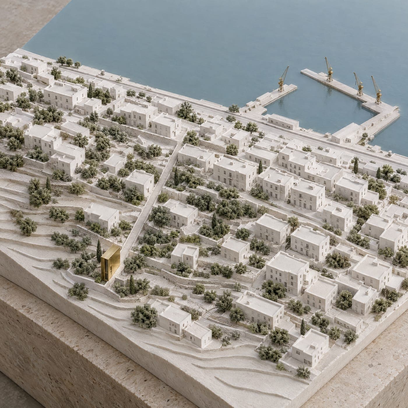 A plaster model of the neighbourhood, not a survey: the sea and the port across the top, the stair cut down the hill, and the Tallet building in brass at its head, above Mar Mikhael