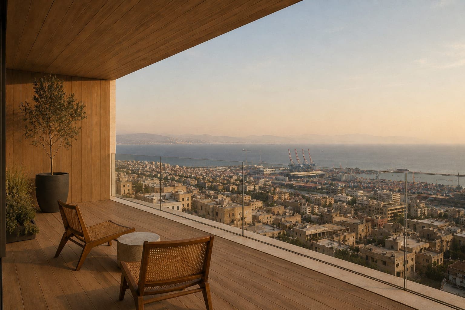 A deep oak balcony with two chairs and the port below