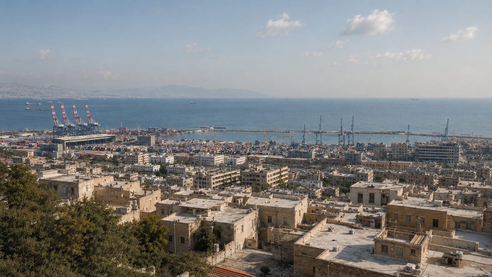 The view from a middle floor: roofs falling away, the port cranes, the sea