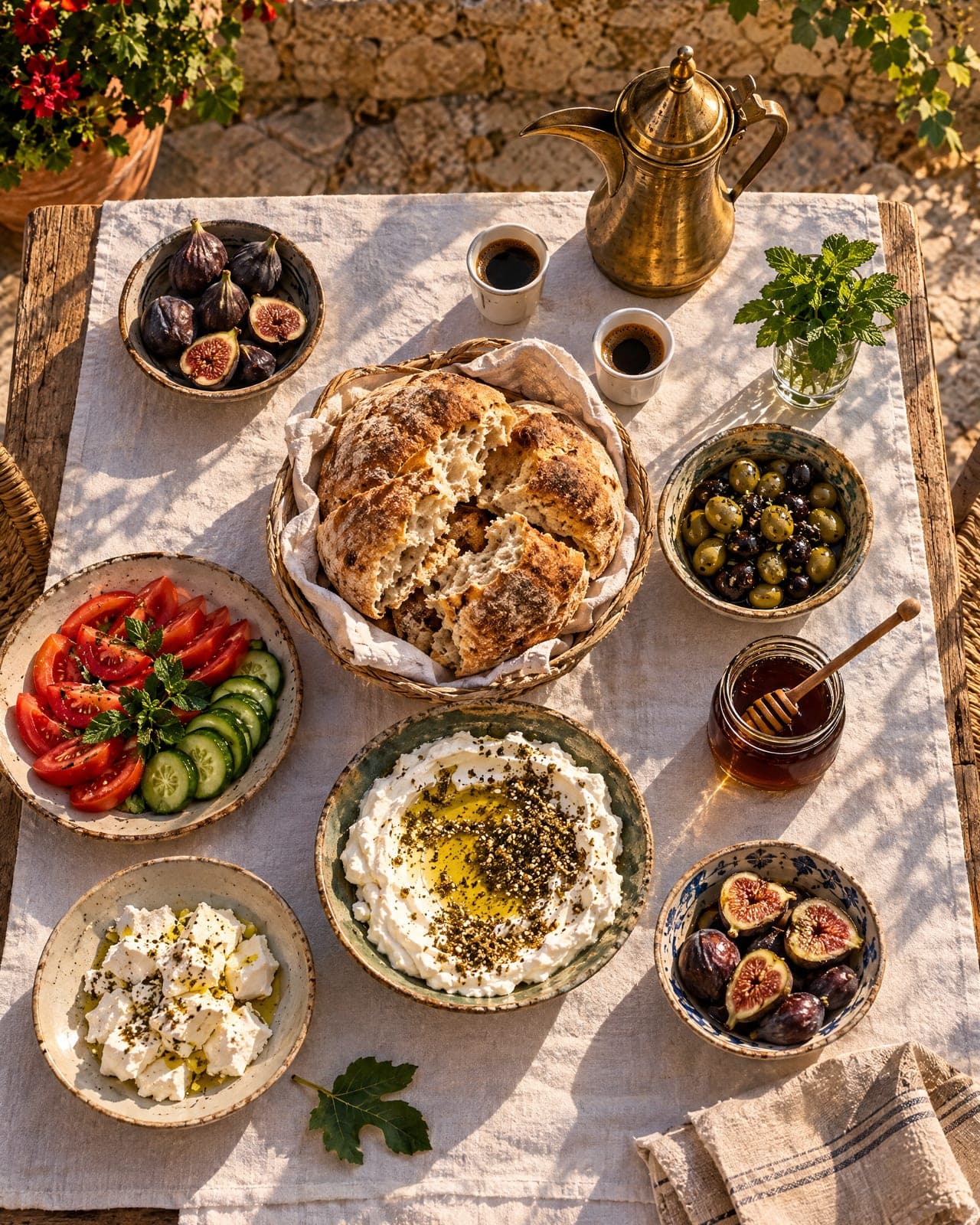 The village breakfast on the white cloth