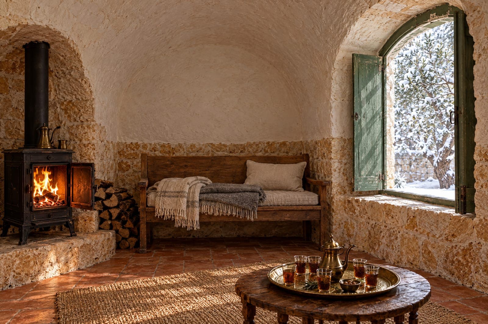 The stove lit in the vaulted living room, snow in the courtyard window.