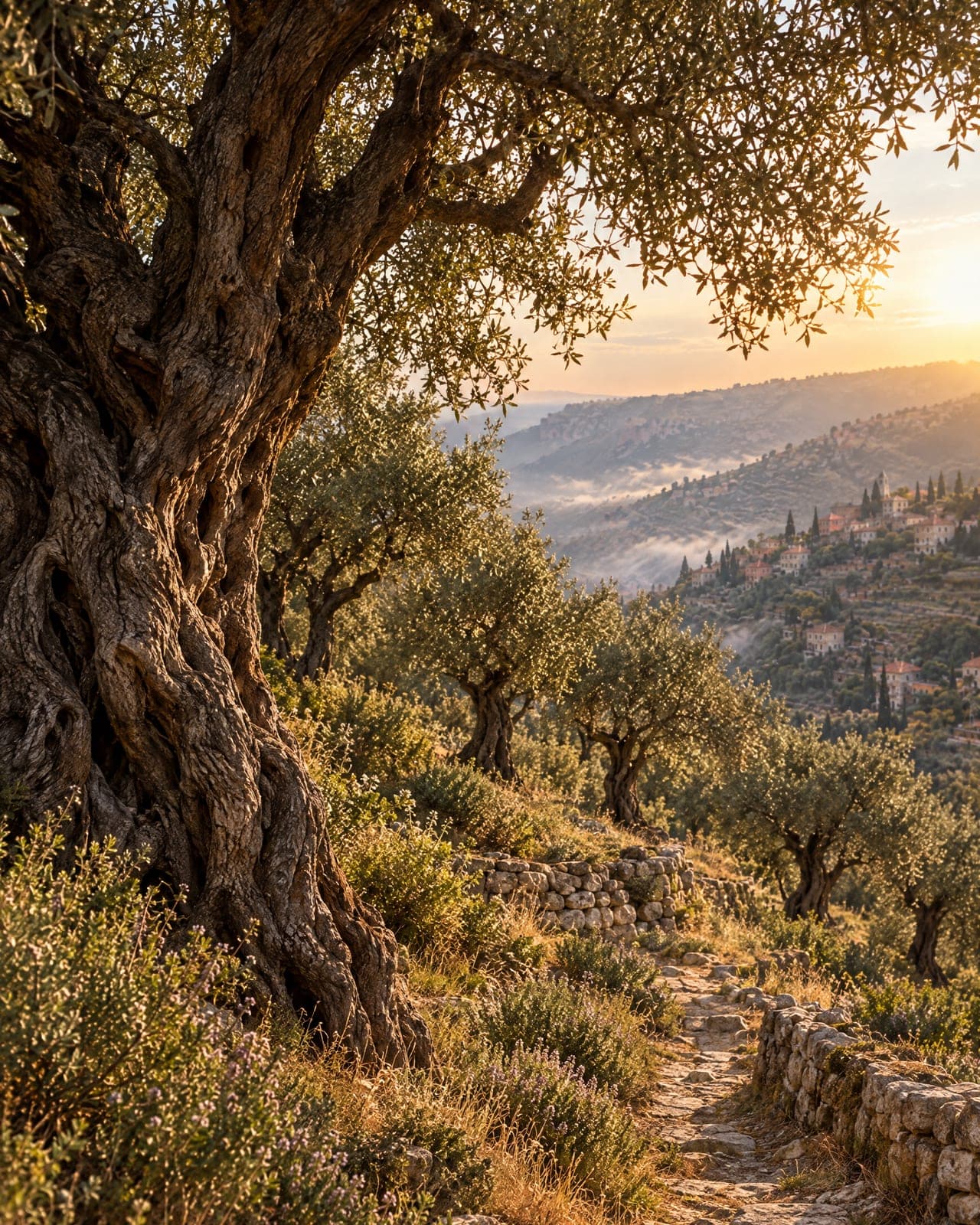 The old olive grove above the village, at the end of a summer afternoon.