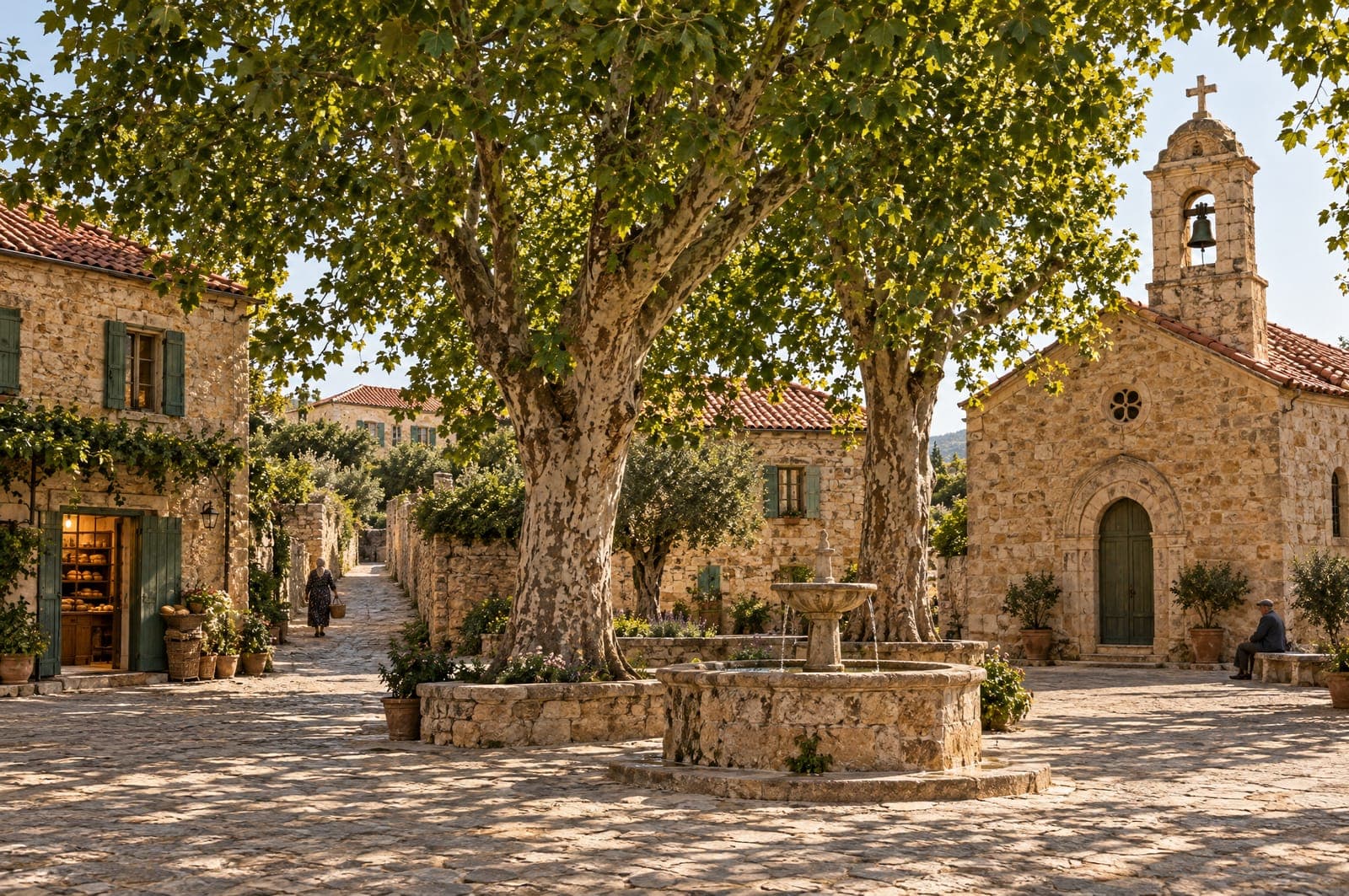 Douma's square, the church and the plane trees.